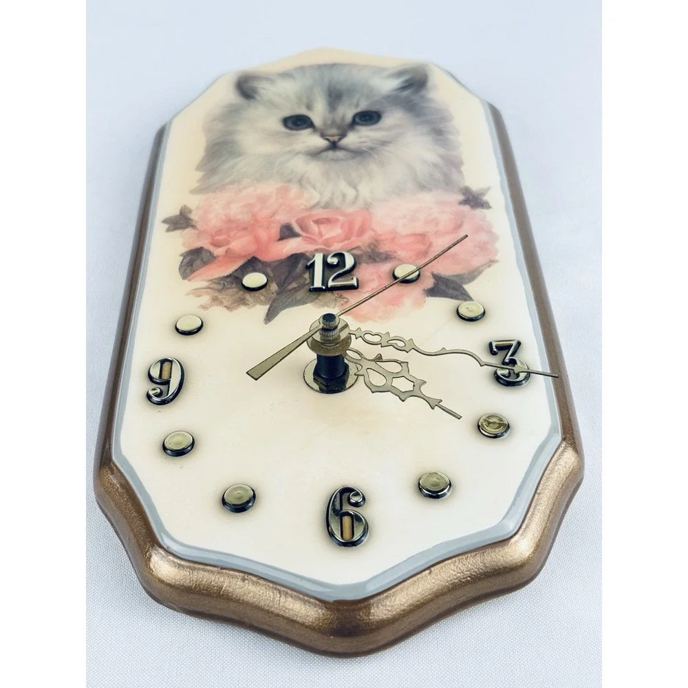 Vintage Ceramic Kitten Cat Wall Clock Flowers Tochigi Quartz Retro Kitschy Works
